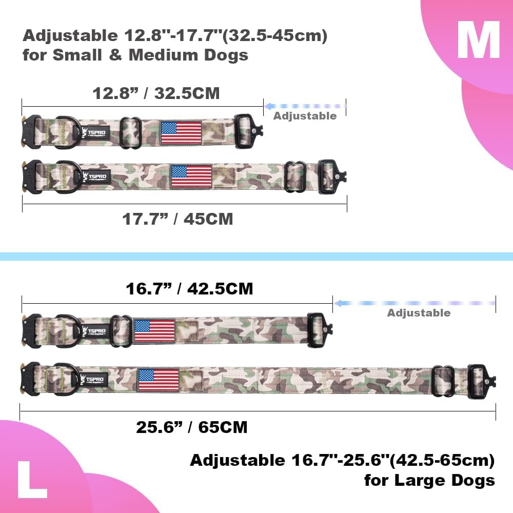 TSPRO Premium Camo Dog Collar with USA Flag Patch Thick Dog Collar Adjustable Dog Collar Heavy Duty Quick-Release Metal Buckle Dog Collar for Small or Medium to Extra Large Dogs(Camo Cyan-M)