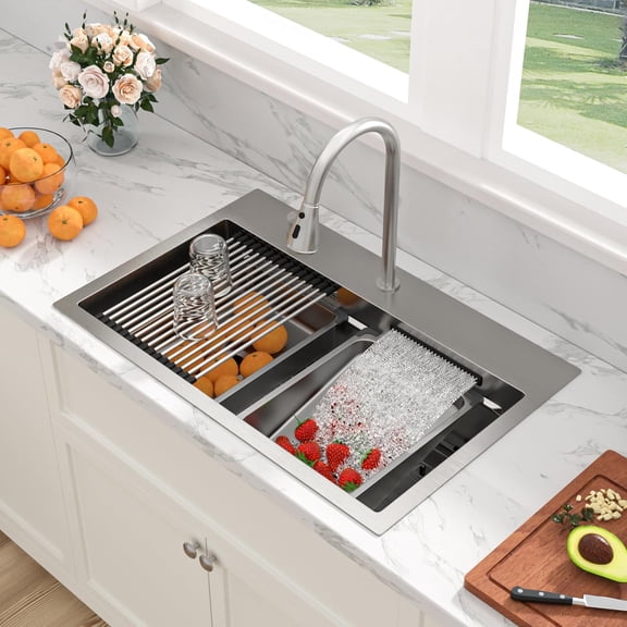 Waterfall Kitchen Sink - x Drop In Kitchen Sink Ledge Workstation Topmount Multifuctional Smart Stainless Steel Guage Single Bowl Sinks Basin with