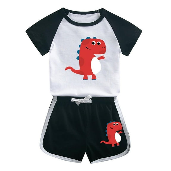 Odeerbi 1-12 Years Kids Boys Girls Summer Outfits Dinosaur Print Cotton Short Sleeve T-Shirt Shorts Two-piece Set Casual Loungewear Kids Boys Girls Clothes