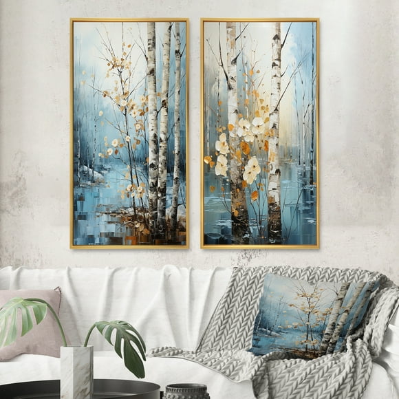 Designart "Birch Woods Winter VI" Tree Birch Framed Wall Art Set Of 2 - Blue Floral Framed Wall Art Set Of 2