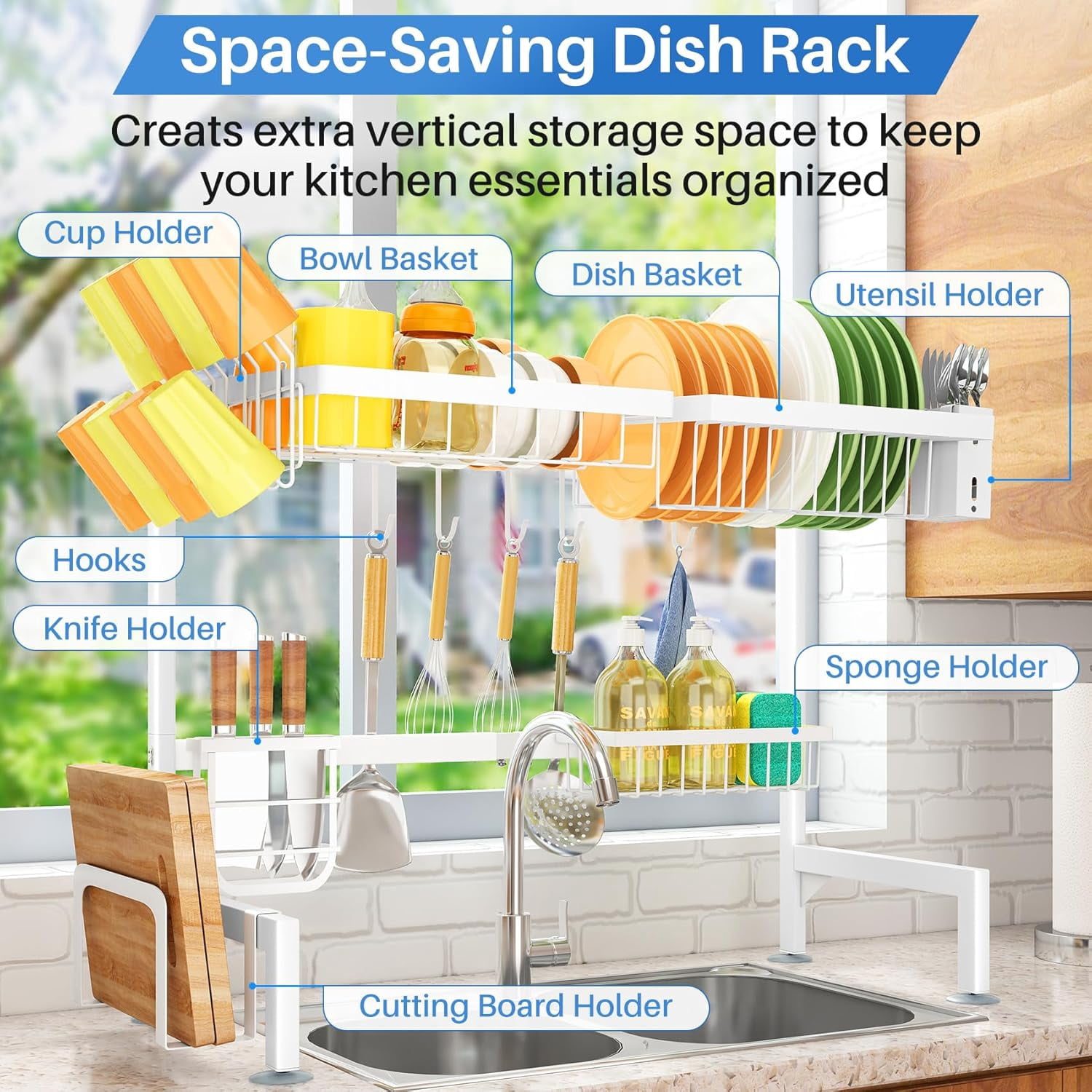 NestE-Over The Sink Dish Drying Rack - Adjustable Dish Rack for Kitchen Counter, Metal (White)
