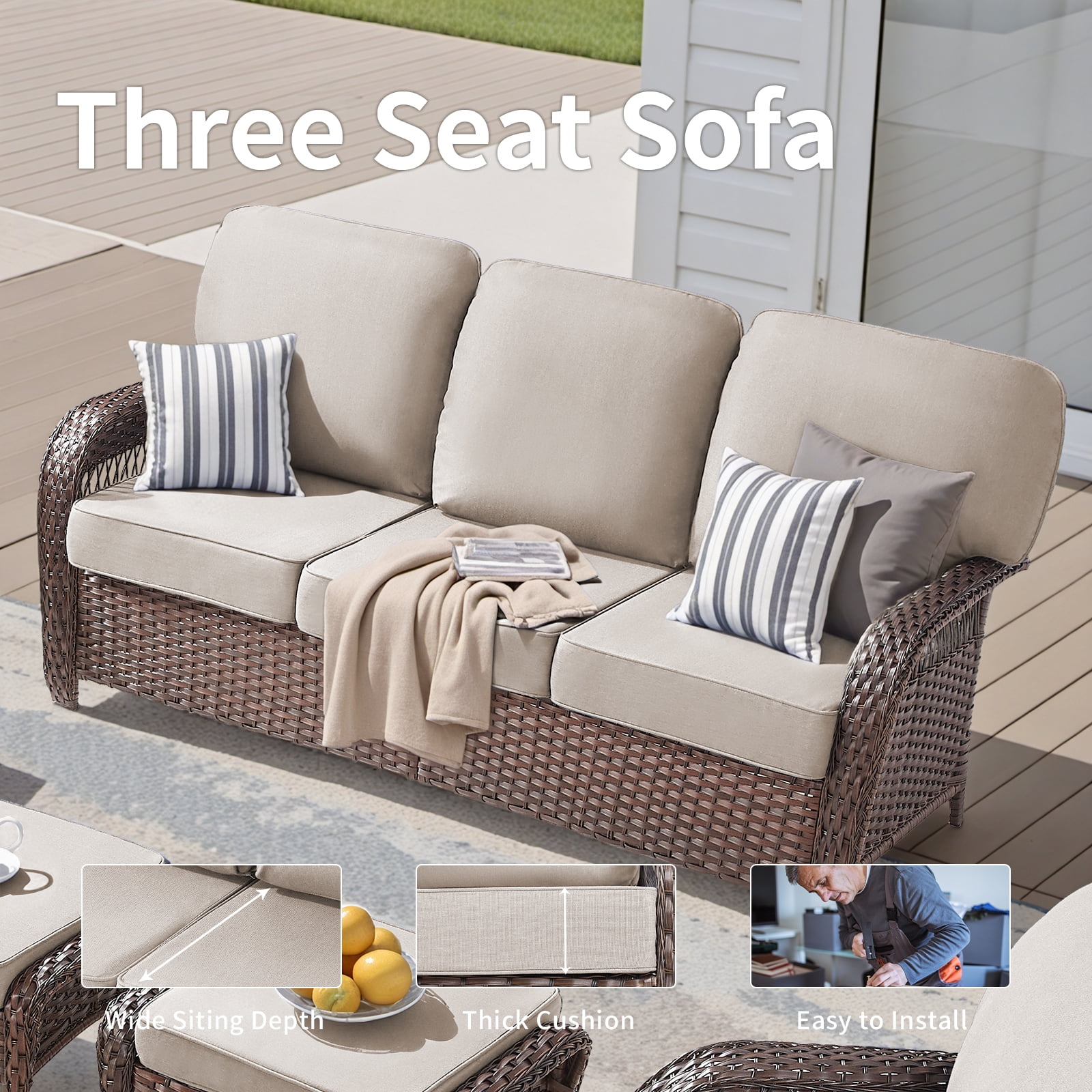 Hommoo 75.2" Outdoor Brown Wicker Patio Sofa with Cushions, Outdoor 2 Seat Patio Furniture Sofa Couch, for Porch or Backyard, Beige
