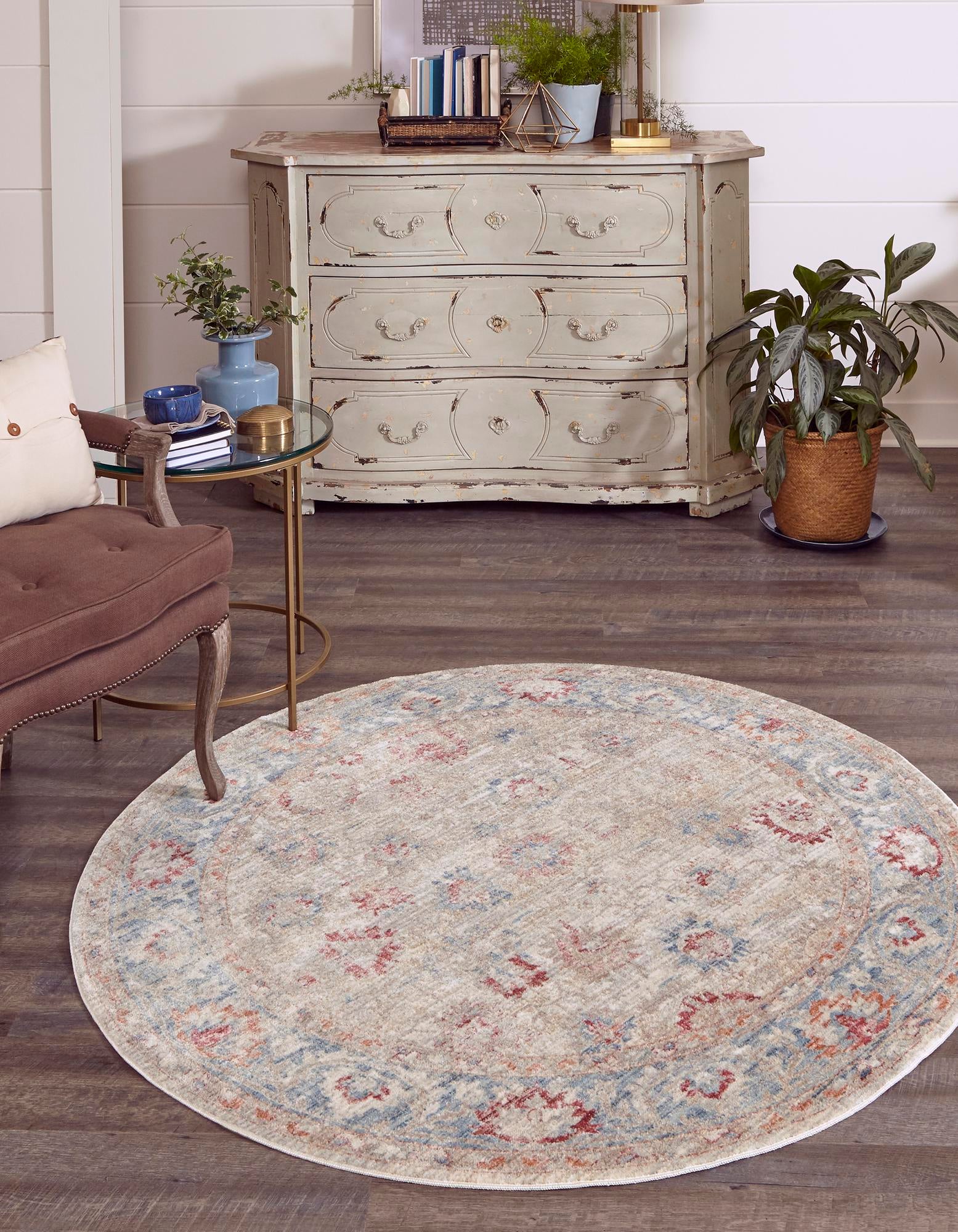 Unique Loom Alexander Noble Rug Ivory/Blue 5' 1" Round Floral Country Perfect For Dining Room