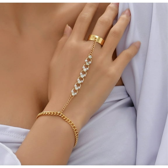 Goldtone Crystal Bracelet Chain Ring