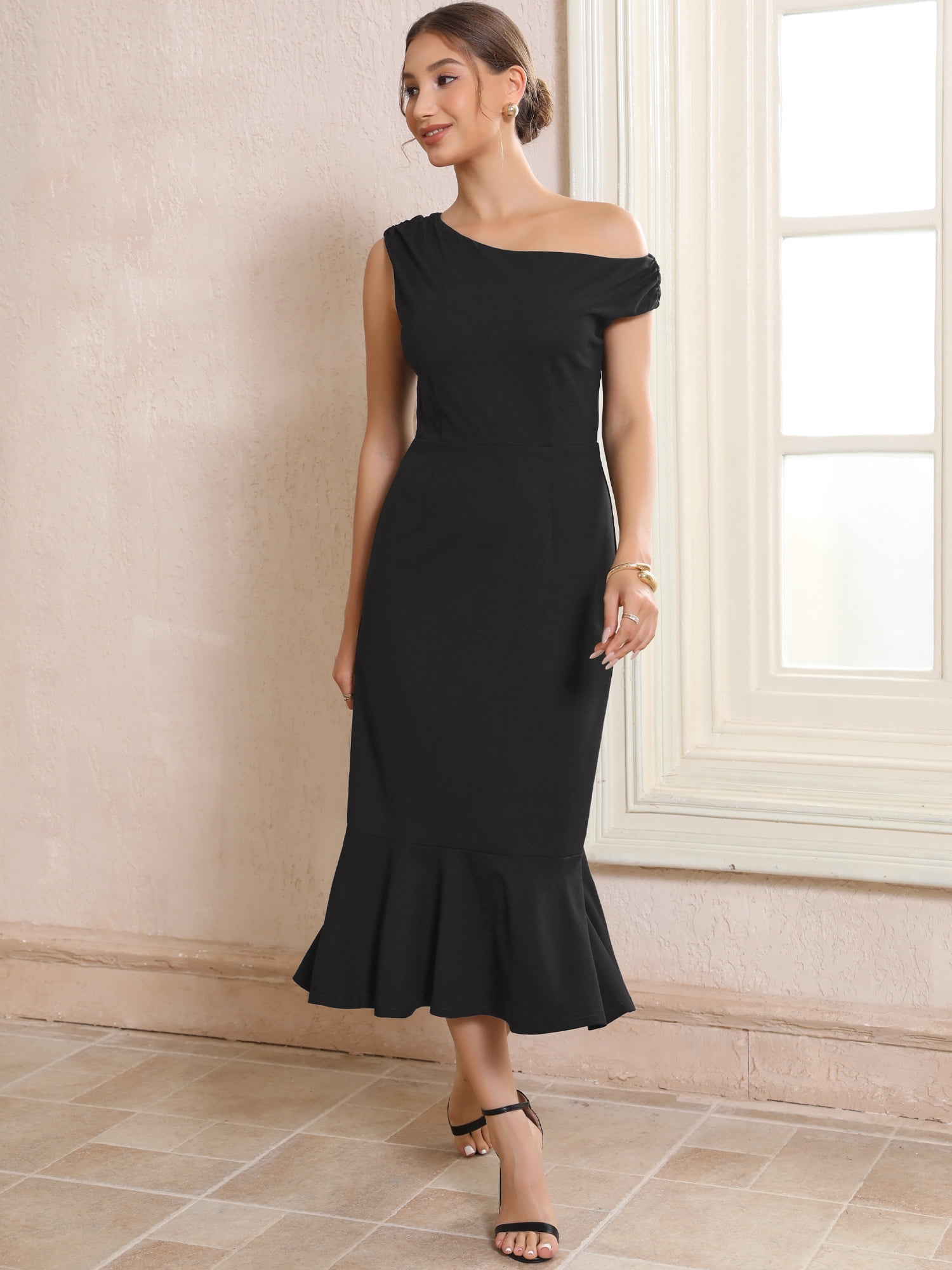DARING DIVA Women's One Shoulder Dress Fishtail Long Dresses M Black