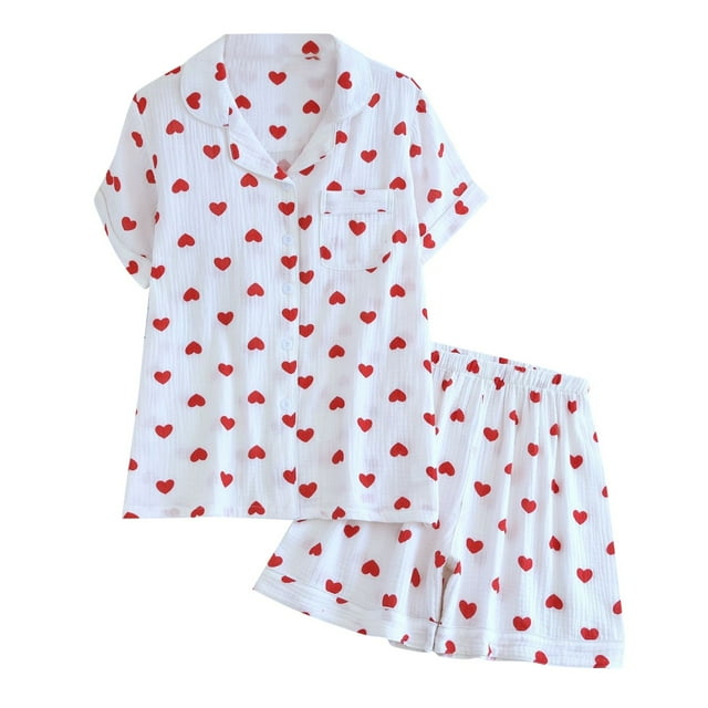 HNMKIU Sleep Pajamas Set Women Summer Thin Print Soft Lapel Short Sleeve Shorts Home Clothes Set