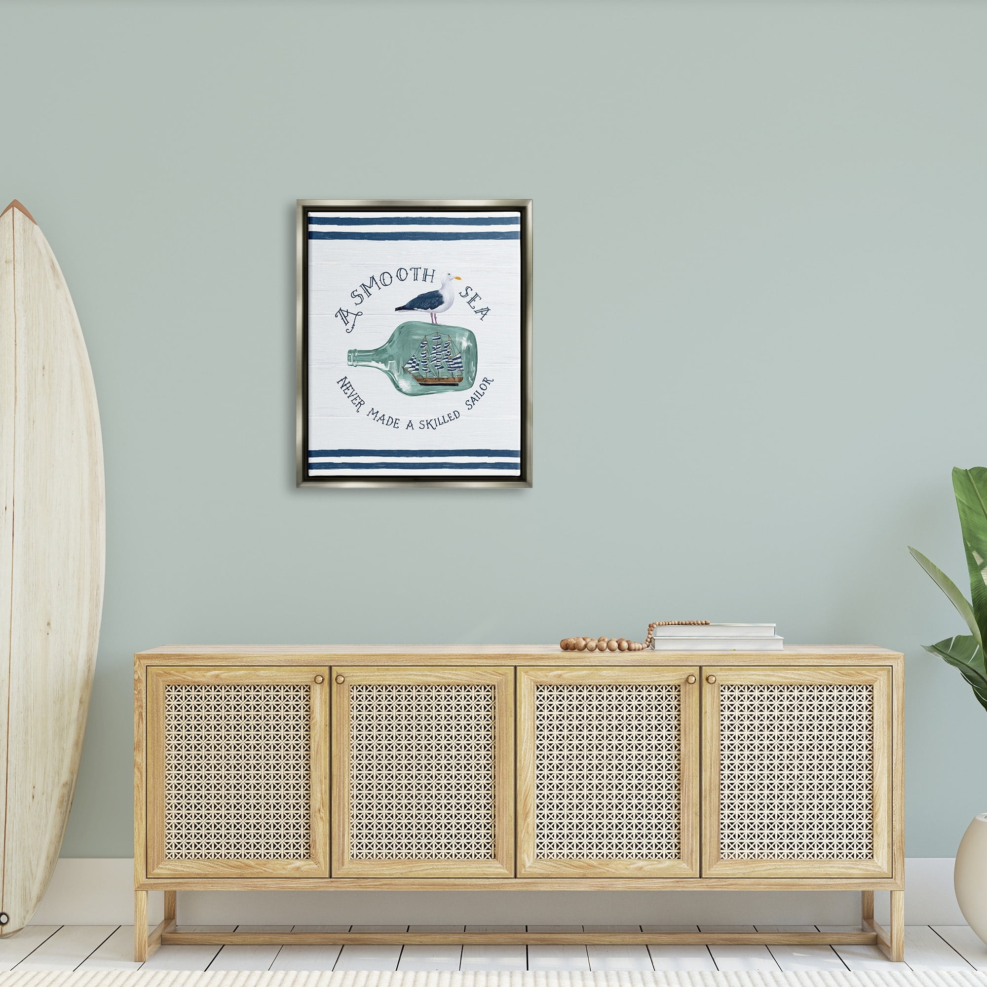 Stupell Industries Nautical Beach Saying Seagull Grainy Stripes Pattern Graphic Art Luster Gray Floating Framed Canvas Print Wall Art, Design by Raquel Maciel