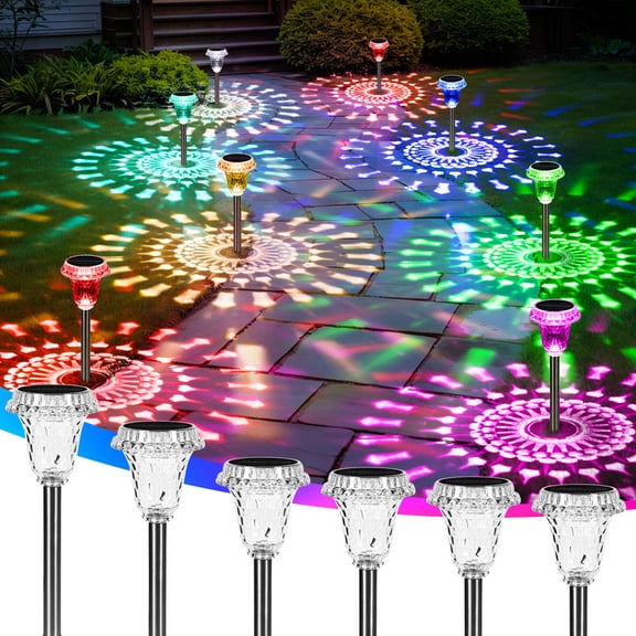 6 Pack Outdoor Waterproof Solar Lights Pathway, Multicolor Decorative Garden Lights for Walkway Yard, Acrylic Solar Powered Landscape Path Lights, 10 Modes (3 White & 7 Diverse Colors)