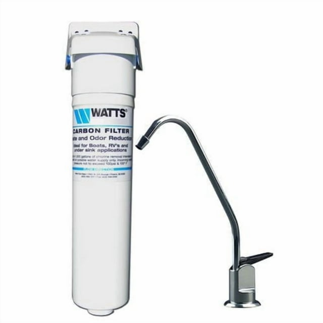 Watts Undercounter Quick Change Filter System, WP-QC1 with white cylindrical carbon filter housing labeled Watts, paired with a chrome curved faucet with black lever, designed for under sink water filtration to reduce chlorine, taste, and odor.