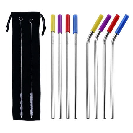 8Pcs Drinking Straws Reusable Straws Protective Silicone Stainless Steel Long Straws Set with Cleaning Brush & Portable Storage Pouch for Home Travel Party