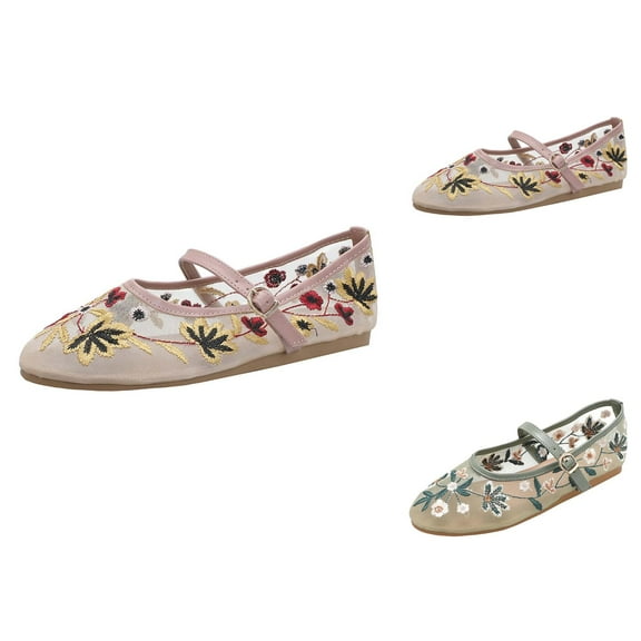 Flower Embroidery Mesh Shoes Fall Retro Women's Mesh Shoes Lightweight Fashion Breathable One Word Ballet Flat Shoes