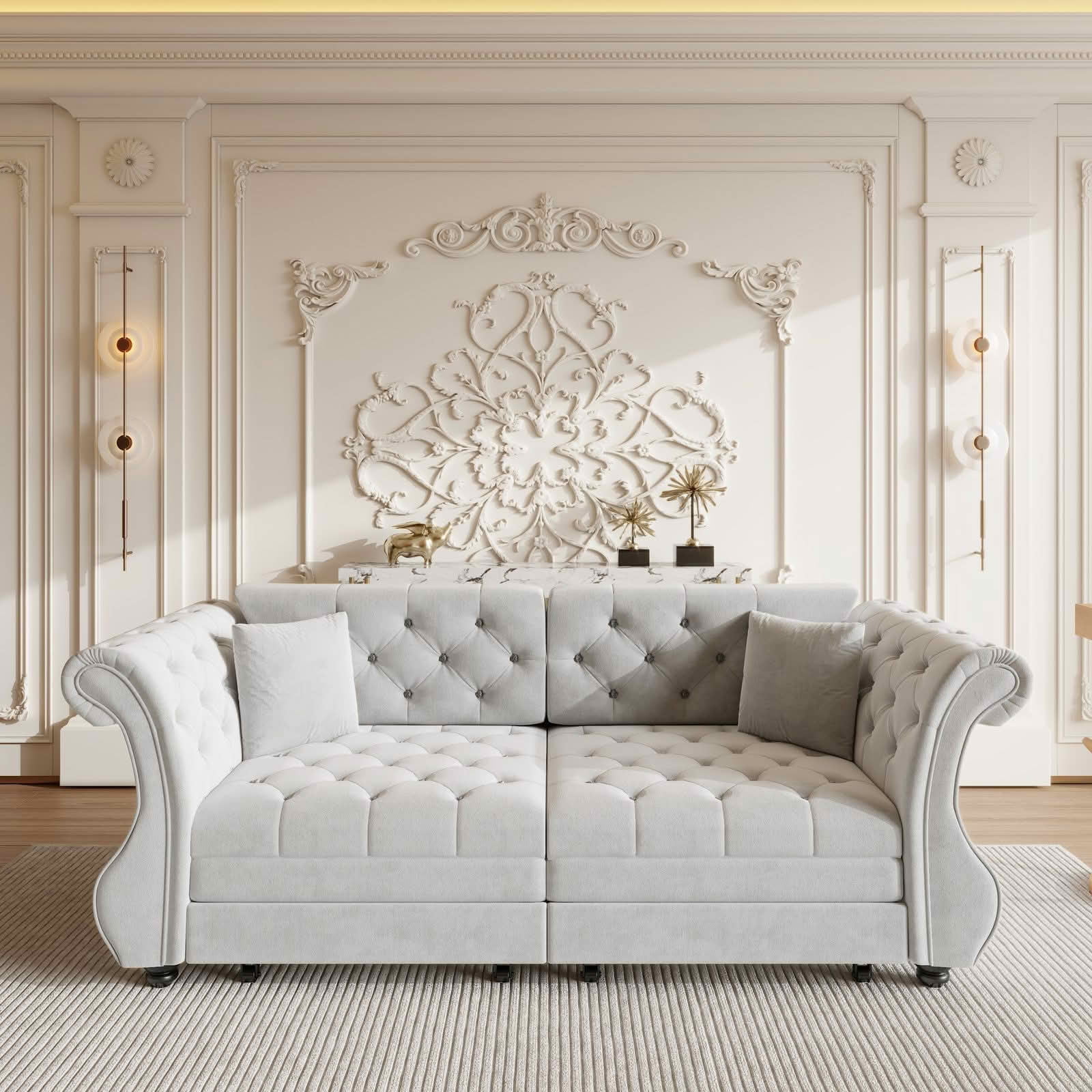 MAYEERTY 83.8" Chesterfield Pull‑Out Sofa Bed, Classic Roll‑Arm Velvet Couch with Flower Tufting, 2 Pillows Included for Living Room, Bedroom and Apartment