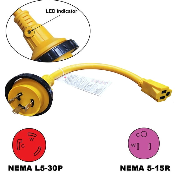 iMeshbean RV Pigtail Shore Power 30Amp Male L5-30P to 5-15R Female 15Amp 125 Volt Dogbone Adapter Power Cord Twist Lock L5-30P Male to 5-15R Female