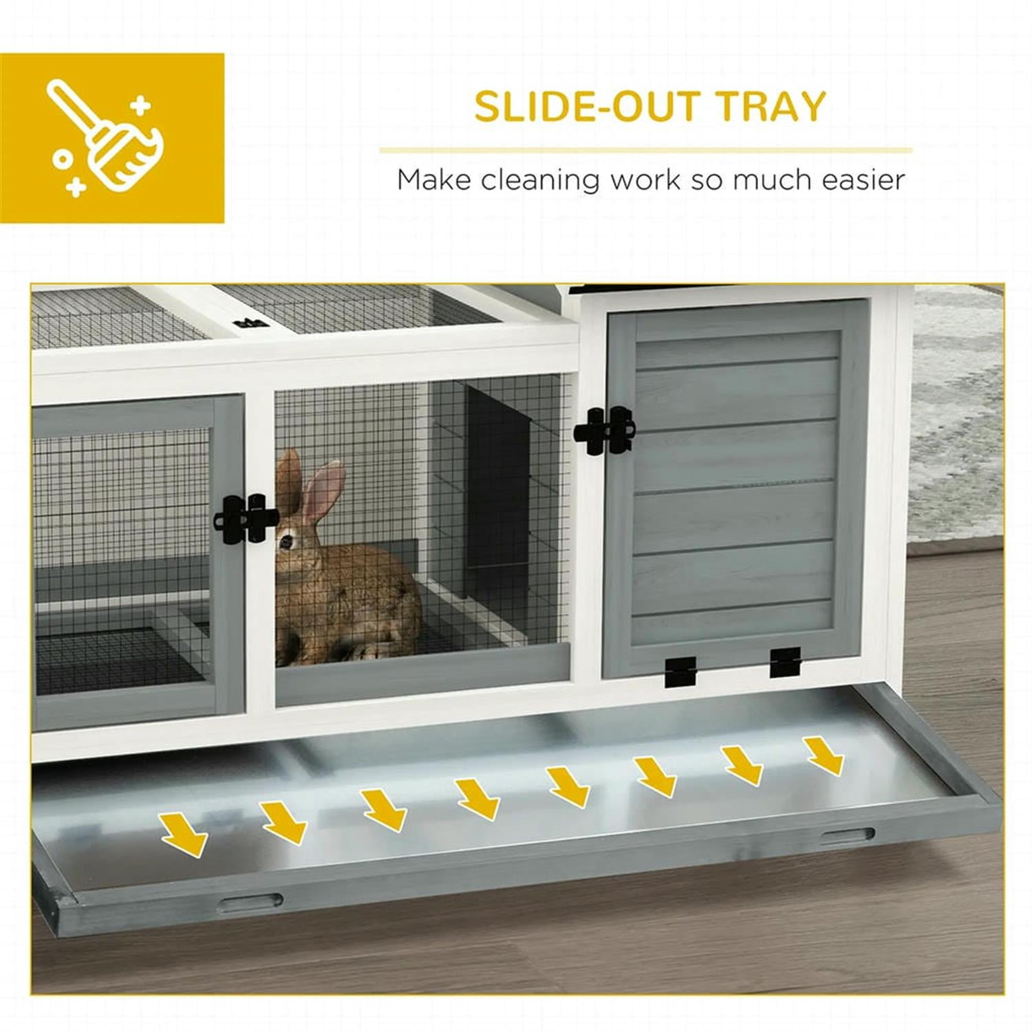 Kadyn 42.5" Wooden Rabbit Hutch with Wheels and Slide-out Tray, Outdoor Small Animal Habitat Enclosure Bunny Cage for Bunnies, Guinea Pigs, Gray