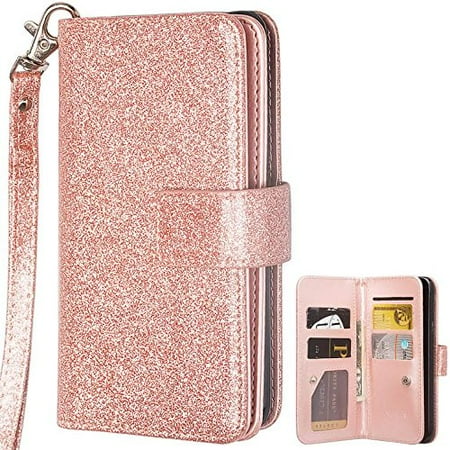 Samsung Galaxy S8 Plus Case, Glitter Leather Flip Credit Card Holder Wrist Strap Shockproof Protective Wallet Case Clutch for Samsung Galaxy S8 Plus - Rose