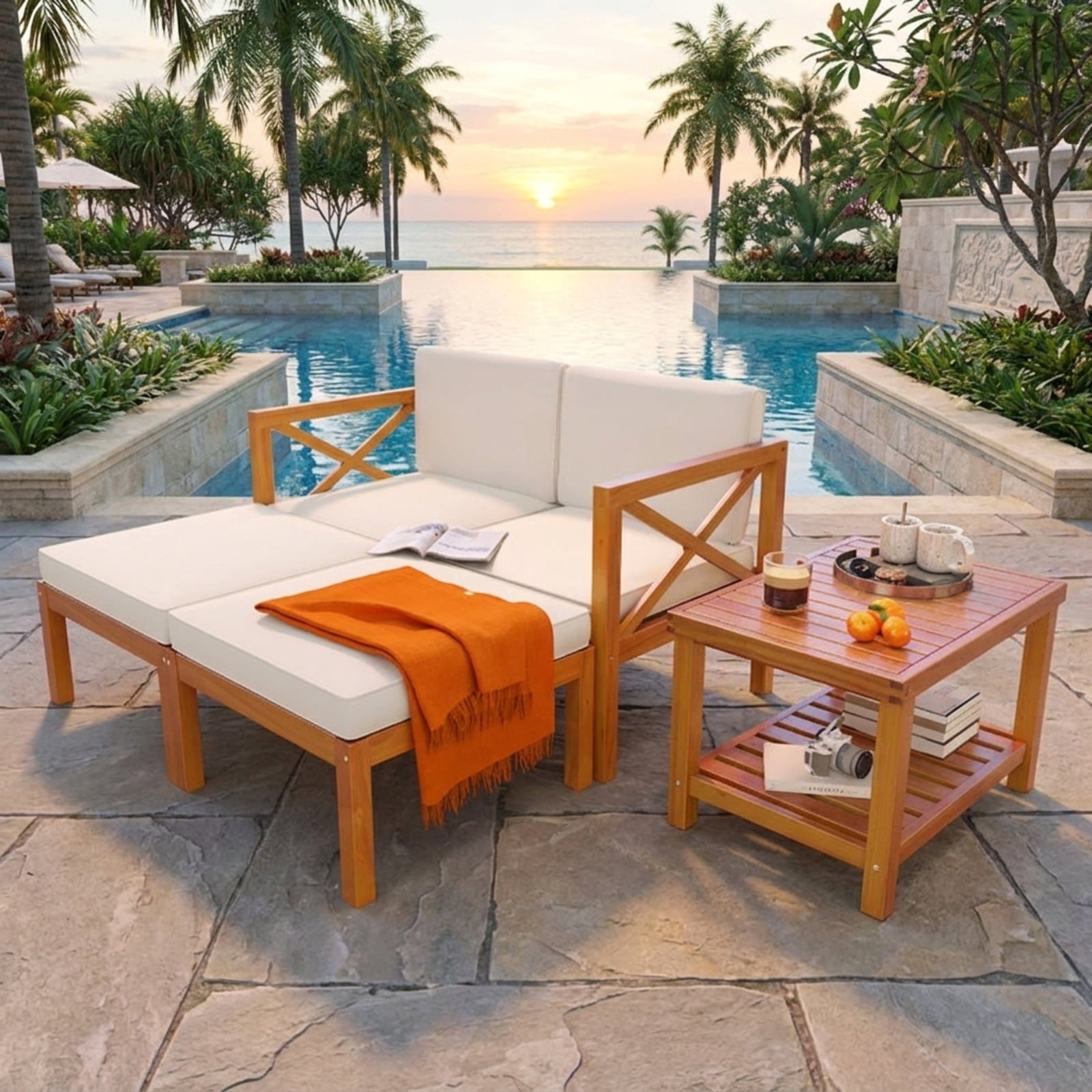 Furnibear 5 Piece Acacia Wood Patio Lounge Chair Set Outdoor Sofa Conversation Set with Ottomans Cushions and Coffee Table for Backyard, White