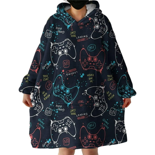 Gaming Wearable Blanket Modern Sweatshirt for Boys, Colorful Gamepad Blanket Hoodie with Sherpa