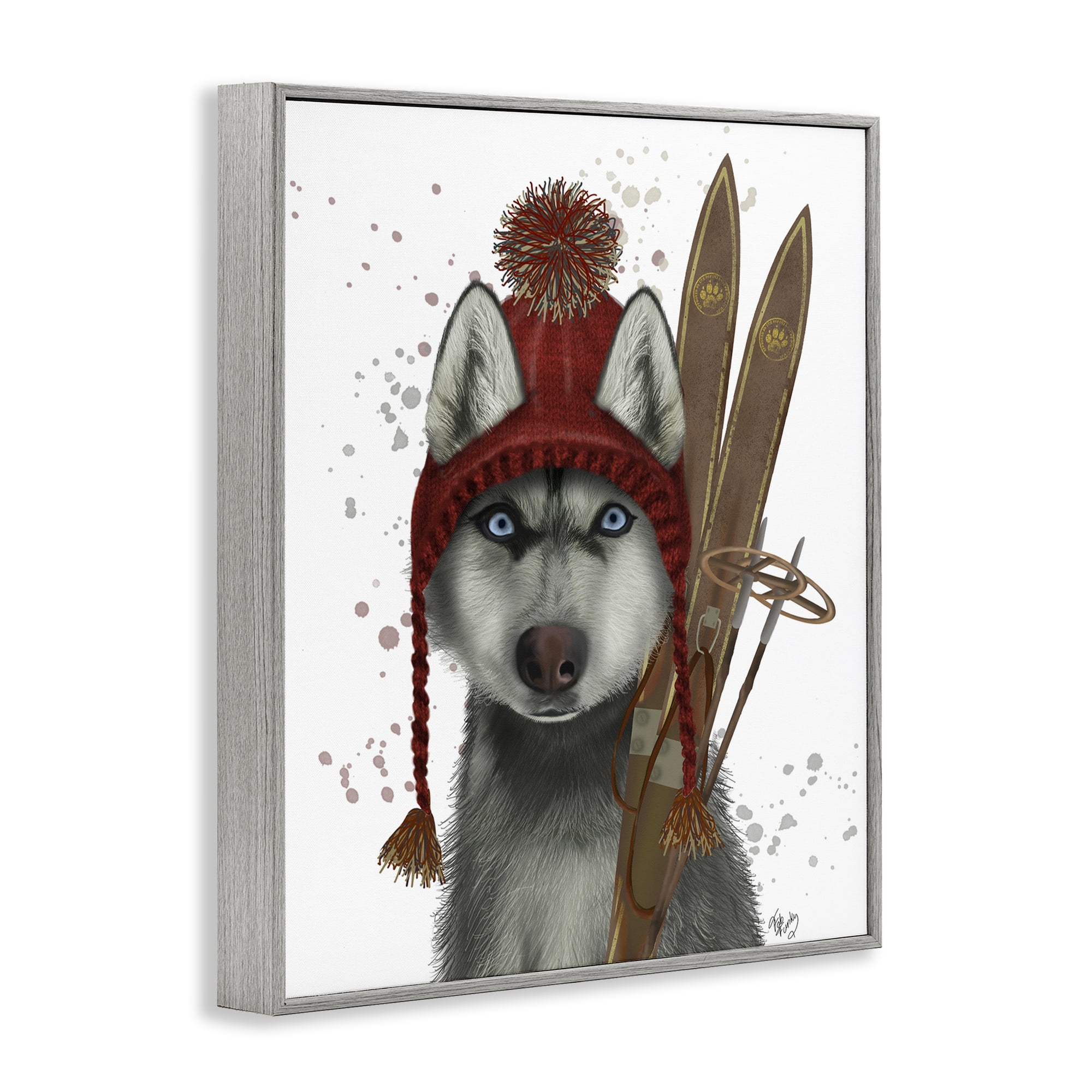 Stupell Industries Husky with Winter Skis Animals & Insects Painting Gray Framed Art Prints Wall Art, 24 x 30