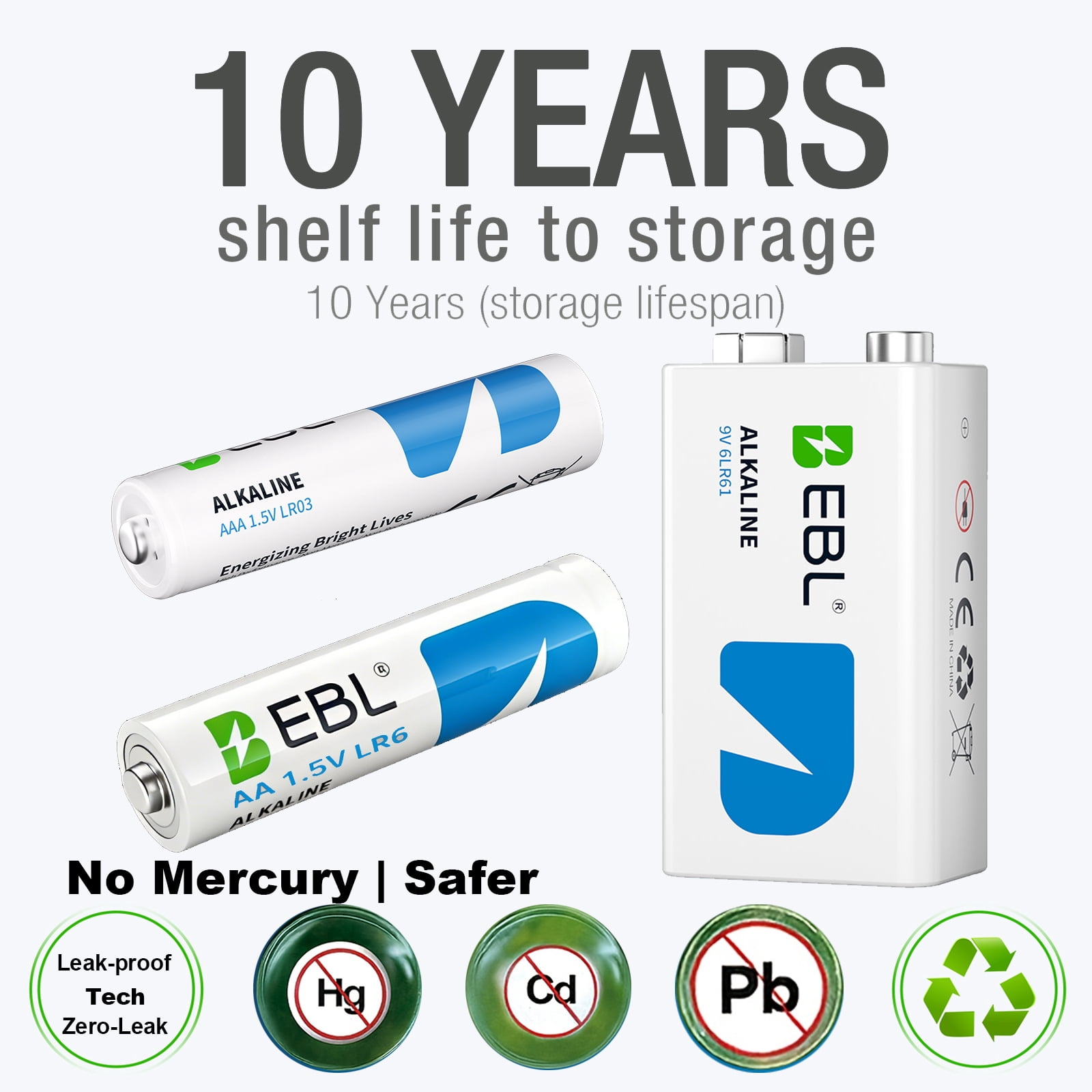EBL 52-Count 1.5V Alkaline AA & AAA & 9V Batteries Combo Pack (24 Double A + 24 Triple A 1.5 Volt + 4 Pcs 9 Volts ) Smoke Alarm Detectors Battery, Ultra High Power Long Lasting 10 Years Storage Life