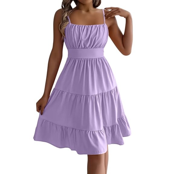 Admvng Women's Tiered Ruffle Dress Square Neck Casual Spaghetti Straps Summer Dress