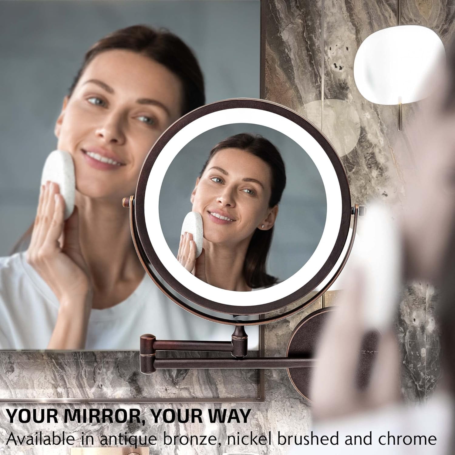 OVENTE Lighted Wall Mount Makeup Mirrors 8.5 Inch 1X 7X Magnifier Circular LED Double Side 360 Degree Extending Control Folding Arm Battery Powered Shave Vanities Large Antique Bronze MFW85ABZ1X7X
