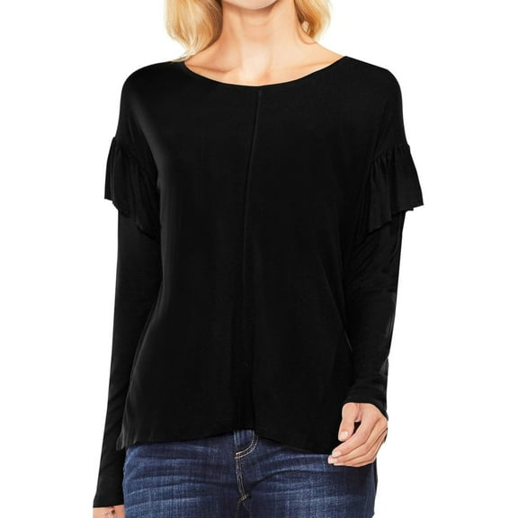 Vince Camuto Womens Ruffled Basic T-Shirt, Black, XX-Small