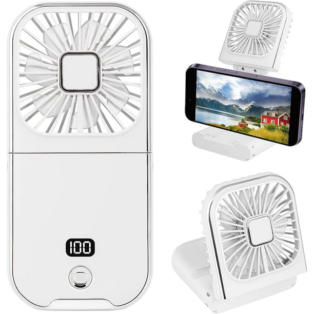 Ventilador de mano plegable, mini ventilador personal portátil USB recargable banco de energía ventilador de cuello, ventilador de escritorio plegable de 180° con batería (blanco)