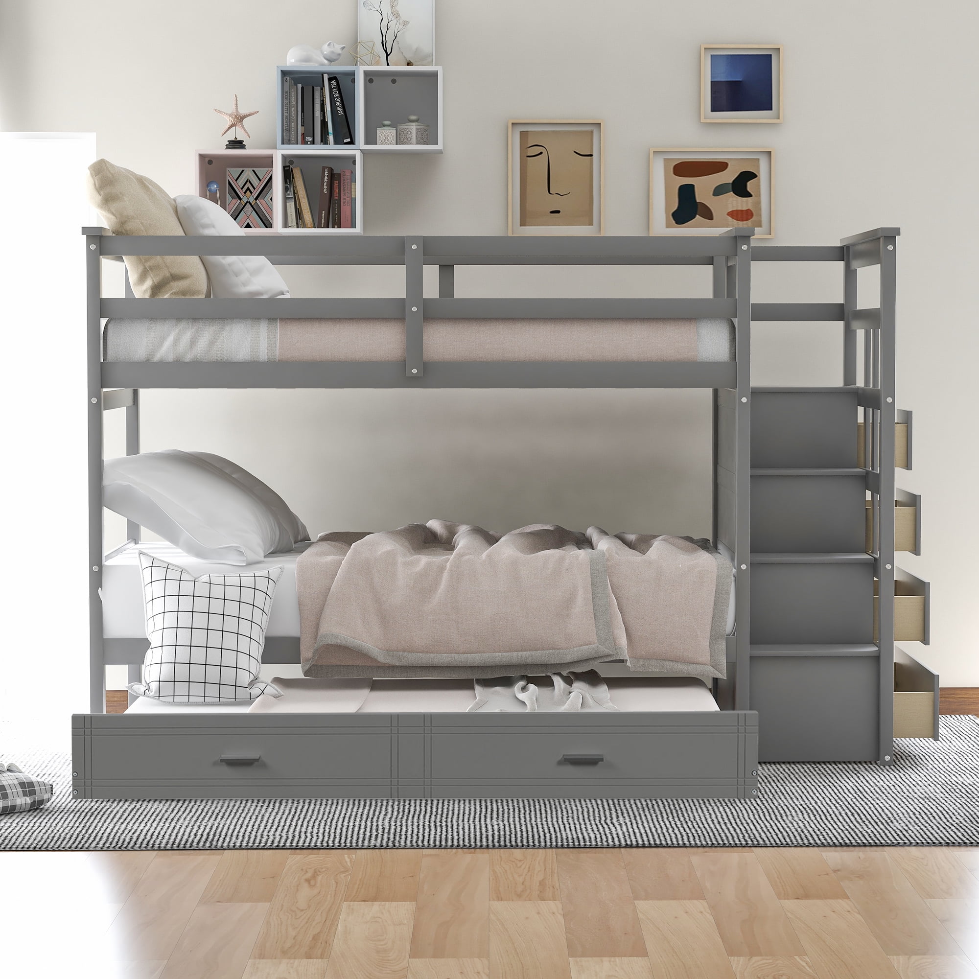 Kepooman Twin Over Twin Solid Wood Bunk Bed with Trundle & Staircase & Drawers for Bedroom, Gray Kepooman Twin Over Twin Solid Wood Bunk Bed with Trundle & Staircase & Drawers for Bedroom, Gray