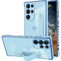 Designed for Samsung Galaxy S22 Ultra Case with Strap Luxury Love Heart Plating Gold Bumper Phone Cover Wristband Kickstand Full Body Protective Slim Case for Women Girls-Blue