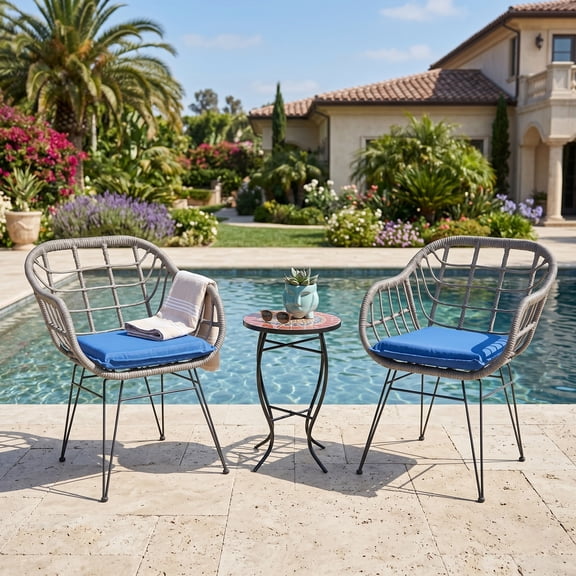 3-Piece Patio Conversation Set With Cushion, Outdoor Bistro Set Lawn Garden with 2 Chairs & 1 Mosaic Side Table