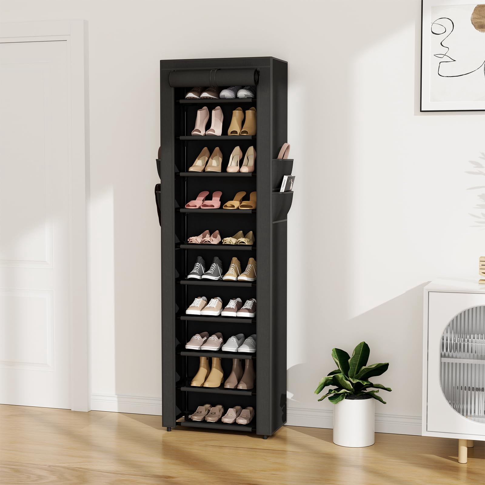 Vertical Narrow Shoe Rack Organizer 10 Tier Tall Closet Entryway Shoe Shelf with Dustproof Cover Holds 36-41 Pairs Freestanding Storage Cabinet White