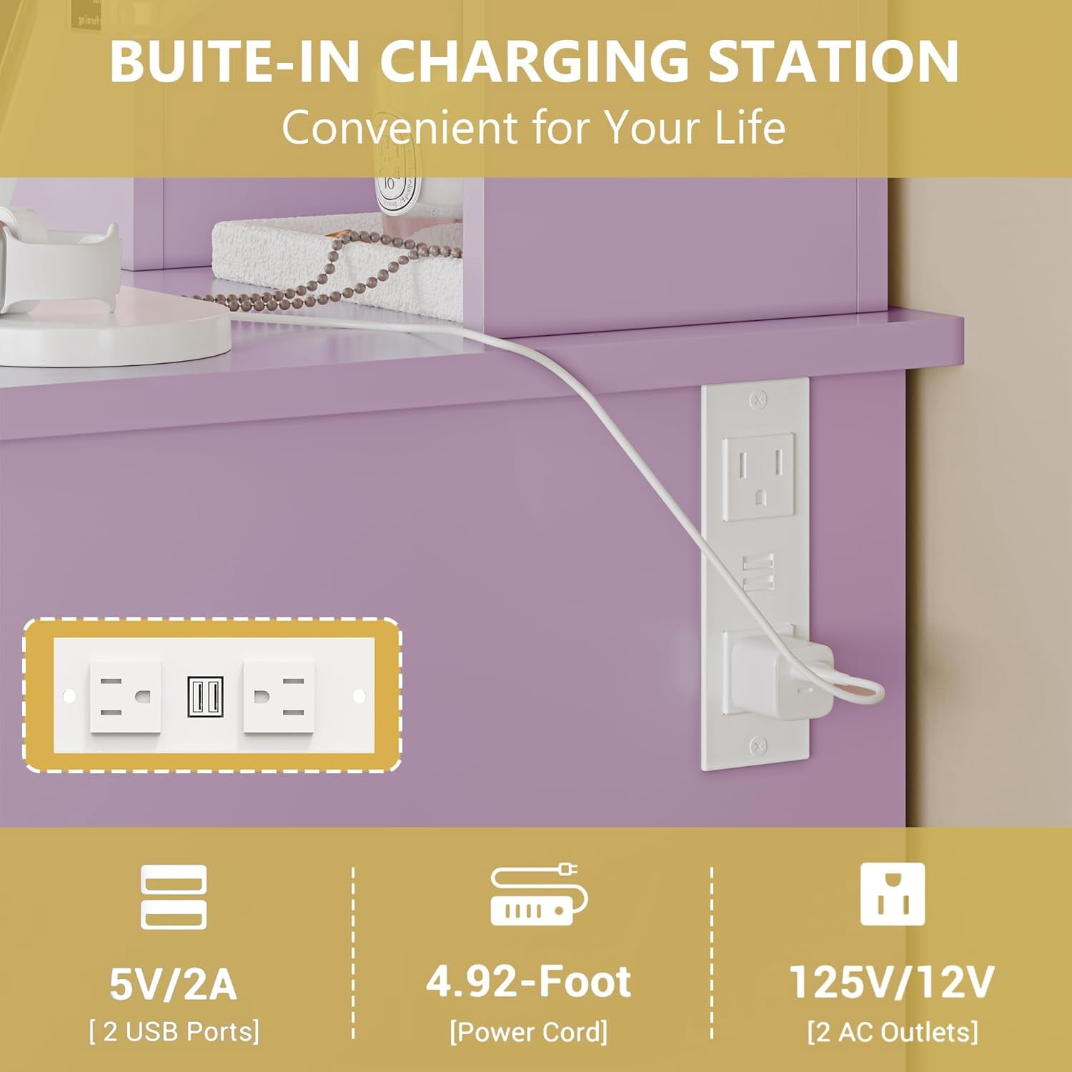 FANRAL 43'' Vanity Desk with 10 LED Lights,Under-Table RGB Strip & Built-in Power Station,Multi-Storage Makeup Table for Bedroom Bathroom Grooming,Purple Vanity