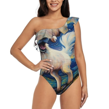 Qokaie Vintage Starry Sky Puppy Print Women s One Piece Swimsuits Tummy Control Bathing Suits Asymmetric One Shoulder Swimwear-Large