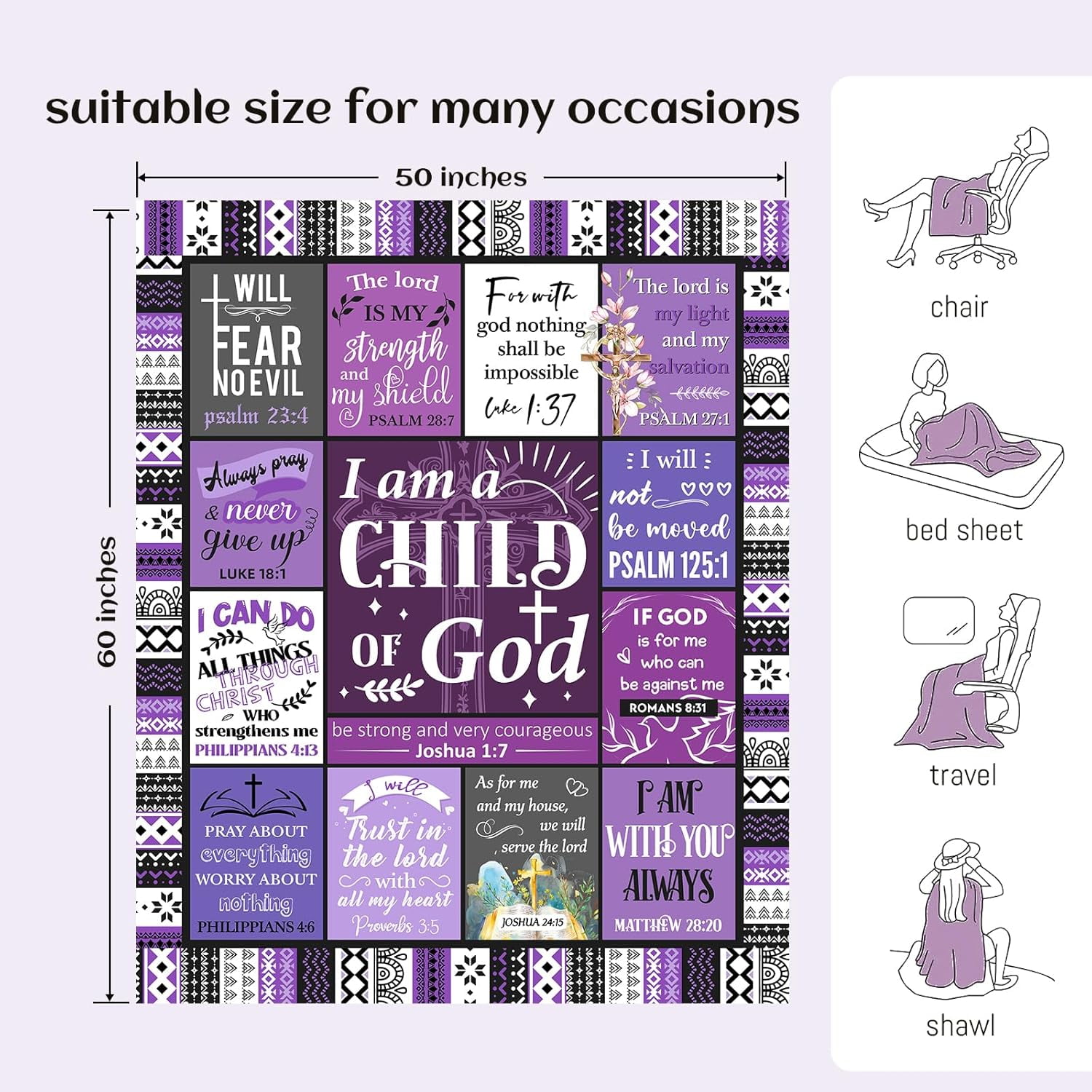 Christian Gifts for Women, Baptism Gifts for Girl, Religious Gift for Women, Christian Gift for Birthday Christmas Mothers Day - I Am A Child of God Purple Blanket