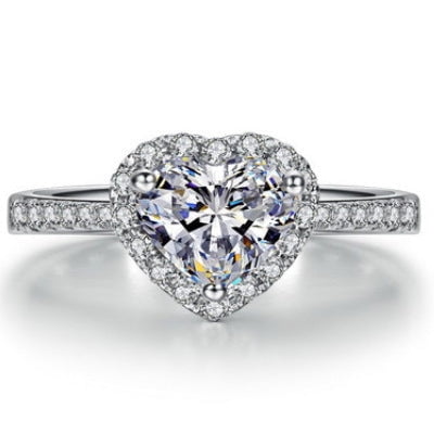 Women Ring Heart Shaped Blue Gemstone White Copper European American Wave Design Sizes 5 6 7 8 9 10 Royal Blue