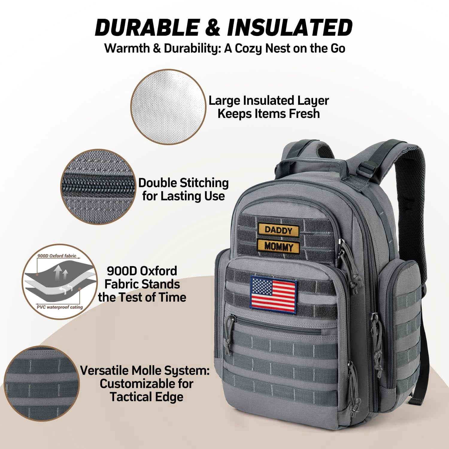 SHARKMOUTH Diaper Bag with Changing Pad - Large Military Baby Diaper Backpack for Hiking Travel Camping - Army Style for Men Active Dad Gray