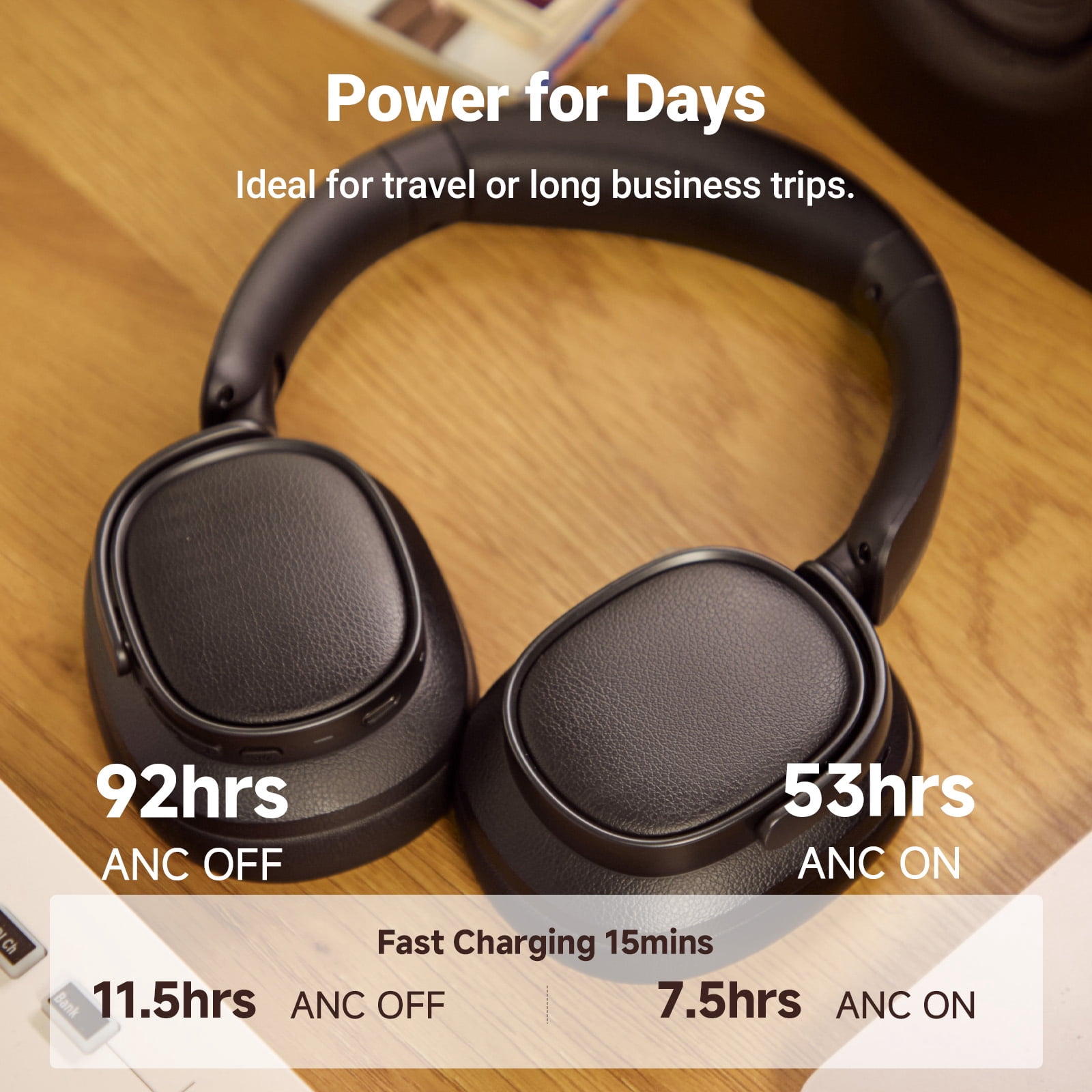 Edifier Bluetooth Active Noise Cancelling Headphones, 92H Playtime Hi-Res Audio Certified, Fast Charging - Black