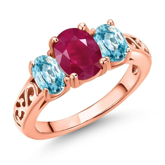 Gem Stone King 18K Rose Gold Plated Silver Red Ruby and Blue Zircon Filigree Style 3 Stone Ring for Women (2.90 Cttw, Oval 8X6MM and 6X4MM) (Size 9)
