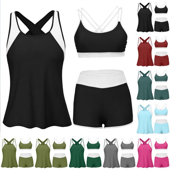 SuDongPo 3 Piece Tankini Swimsuits for Women Color Block Tummy Control Bathing Suits Swim Tank Top with Sports Bra and Pockets Shorts Athletic Swimwear