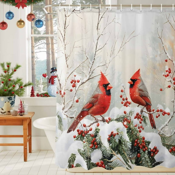 Shower Curtain Bathroom Set Christmas Bird Red Berry Leaves Waterproof Fabric Shower Curtains with Grommets&Hooks Winter Snow Branch Privacy Bath Curtain for Bathtub 36x72in