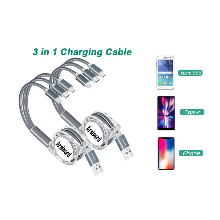Minlu Multi Charging Cable 3A [2Pack 4ft] Retractable Multi Charging Cord 3  in 1 Fast Charger Cord Multi Charger Adapter with IP/Type C/Micro USB Port