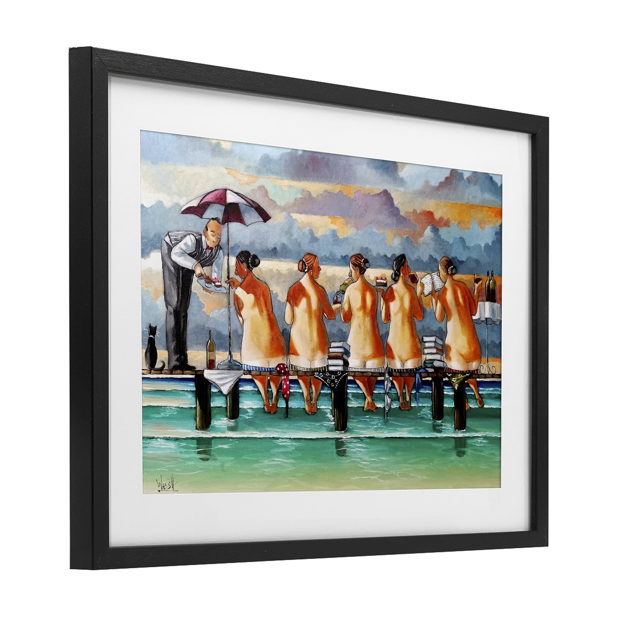 The Book Club Beachgoers Black Framed Print Under Glass, design by Ronald West