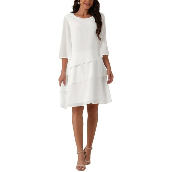 INSPIRE CHIC Women's Chiffon Dress Ruffle Tiered Flowy 3/4 Sleeve A-Line Knee Length Dress S White