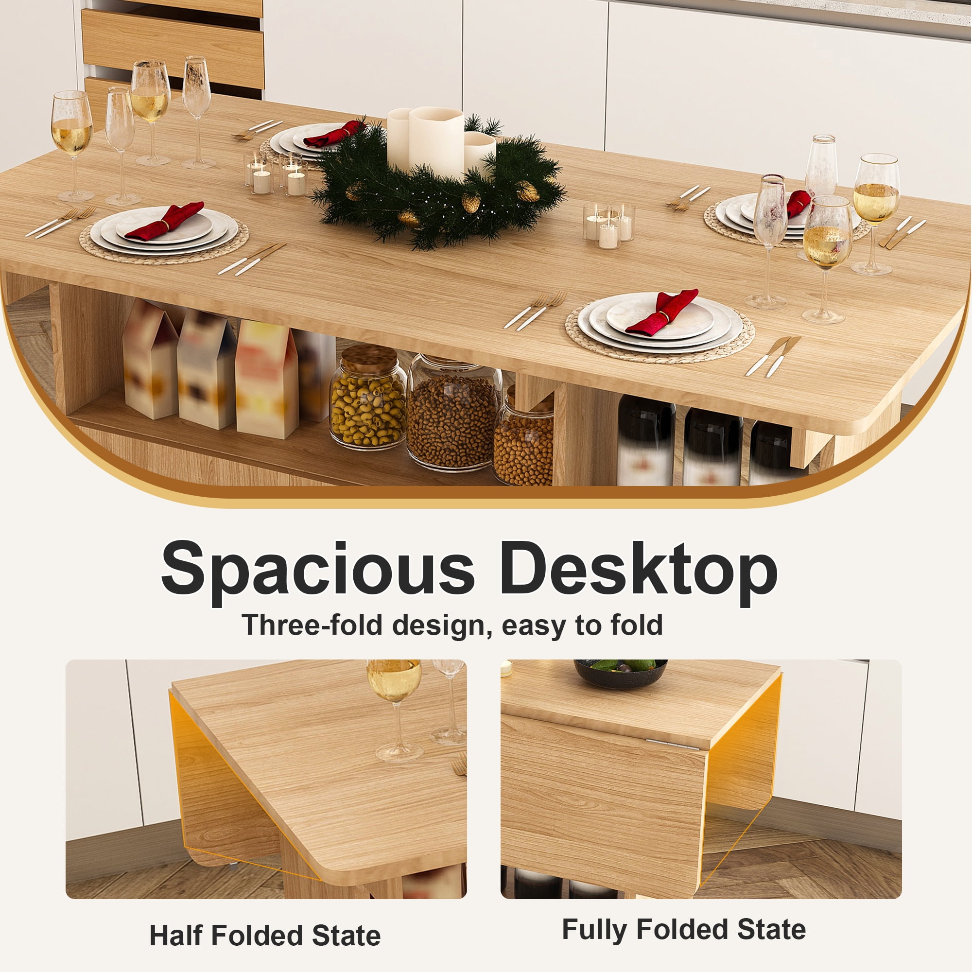 Aukfa Multi-Functional Folding Dining Table with Storage Shelves, Expandable Space-Saving Table for Small Apartments, Rolling Casters,Walnut