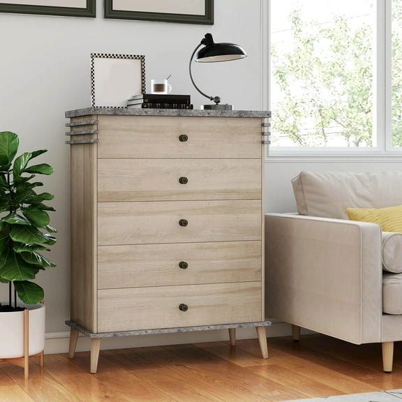 Auranook 5-Drawer Dresser, Farmhouse Chest of Drawers, 45" Tall Storage Organizer with Rubber Wood Legs, Anti-tipping Kit