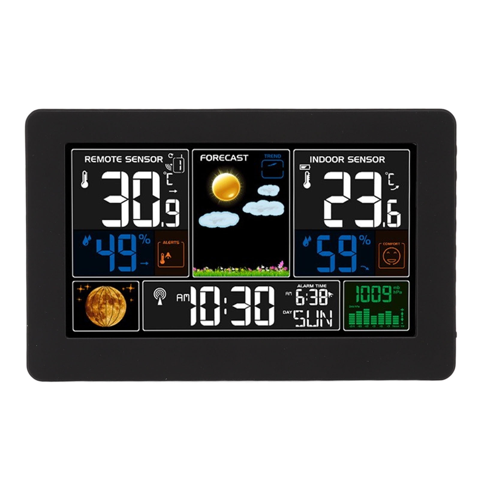 Nieyigj Multifunctional Weather Station Clock Large Color Display For Indoor Outdoor Temperature Humidity Air Pressure US Plug 100-240V Black Edition