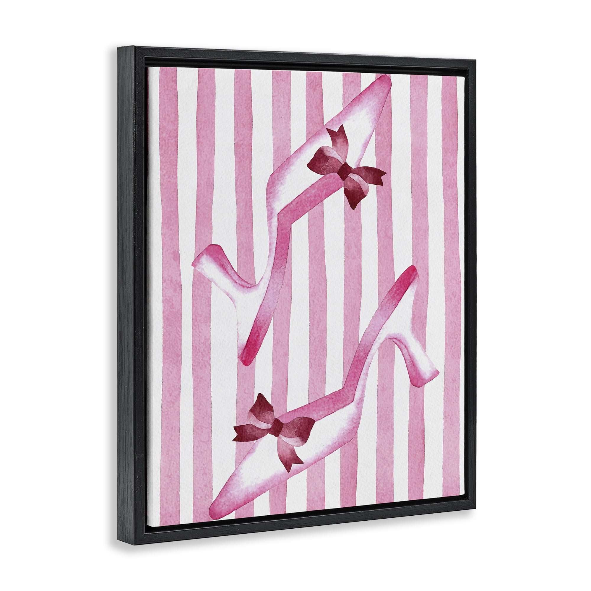 Stupell Industries Bow Heels on Pink Stripes Black Framed Floater Canvas Wall Art, design by Camila Juncos