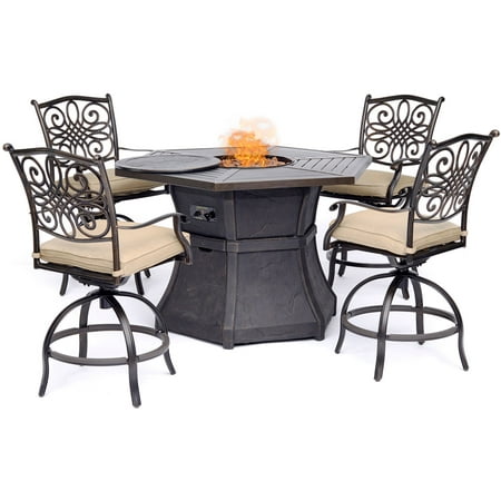 Hanover Traditions 5-Piece High-Dining Set in Tan with 4 Swivel Chairs and a 40 000 BTU Cast-top Fire Pit Table