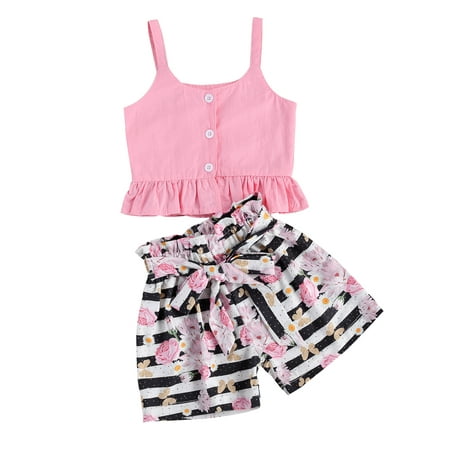 

One opening FOCUSNORM 1-6Y Lovely Infant Baby Girls Clothes Sets Single Breasted Sleeveless Vest Tops Floral Striped Shorts 2pcs