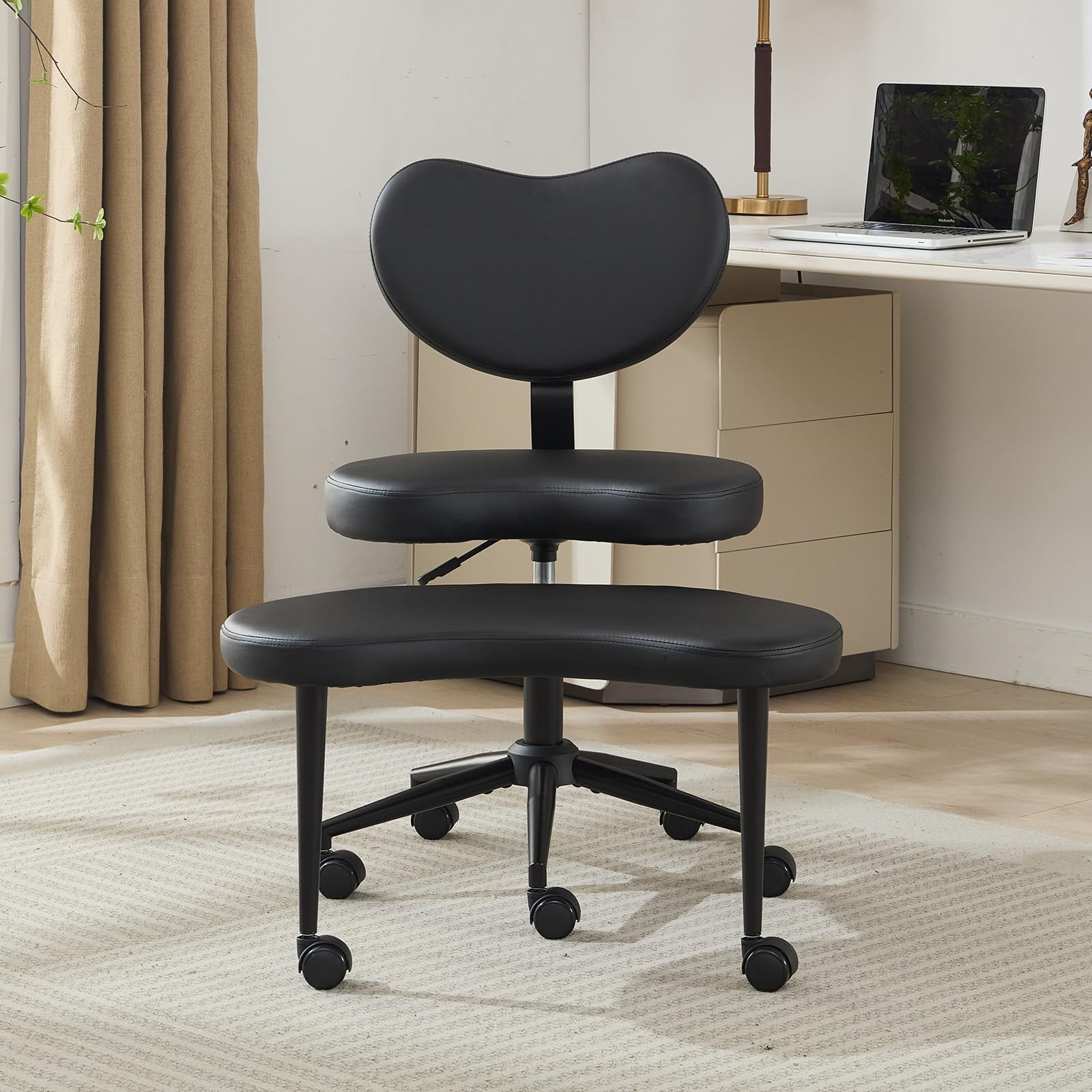 Pawverly Cross-Legged Meditation Chair with Wheels, Adjustable Height Yoga Office Chair with Lumbar Support, Ergonomic Criss Cross Desk Chair for Adults, Black PU Leather